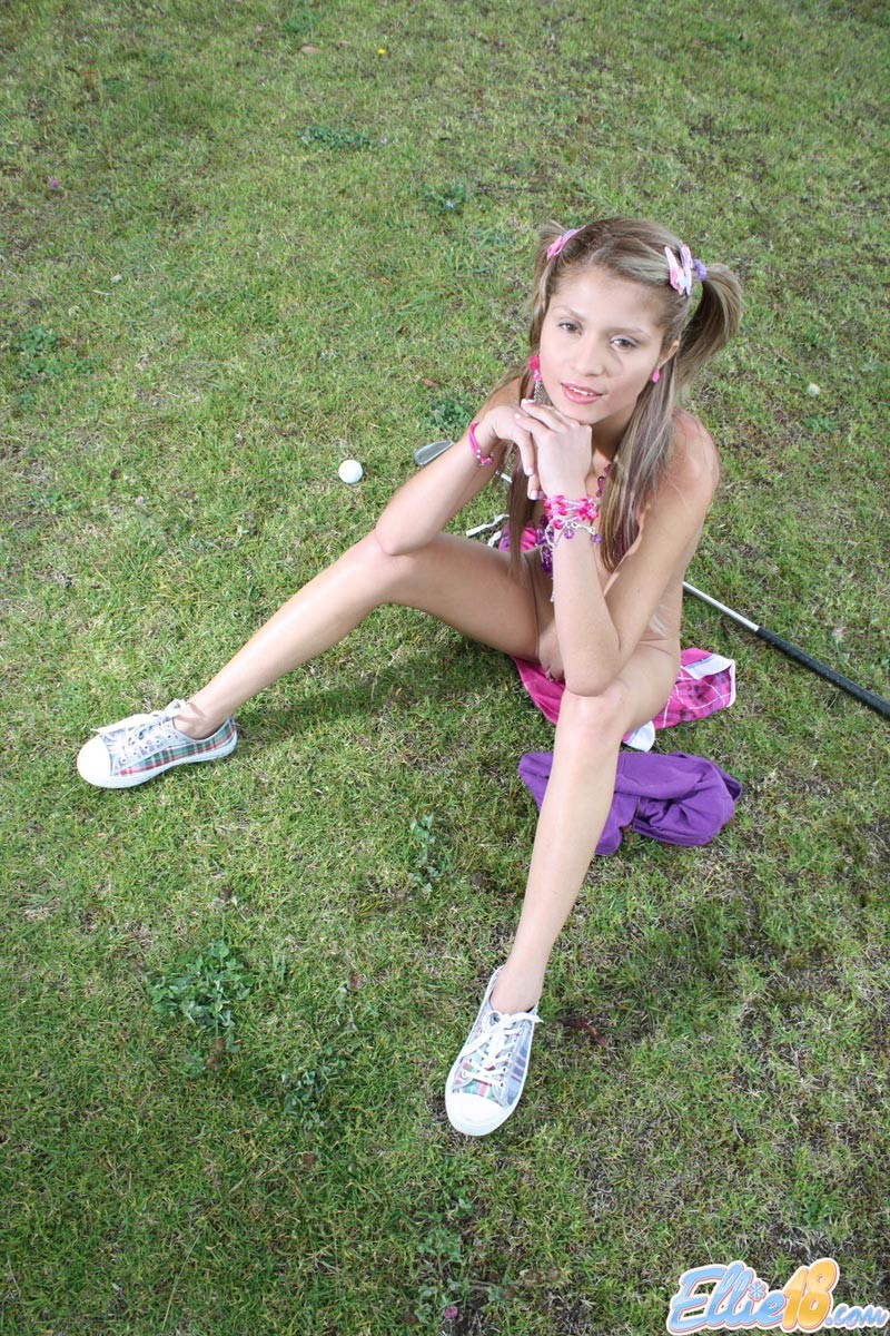 Small teen with pigtails playing golf nude #74831951