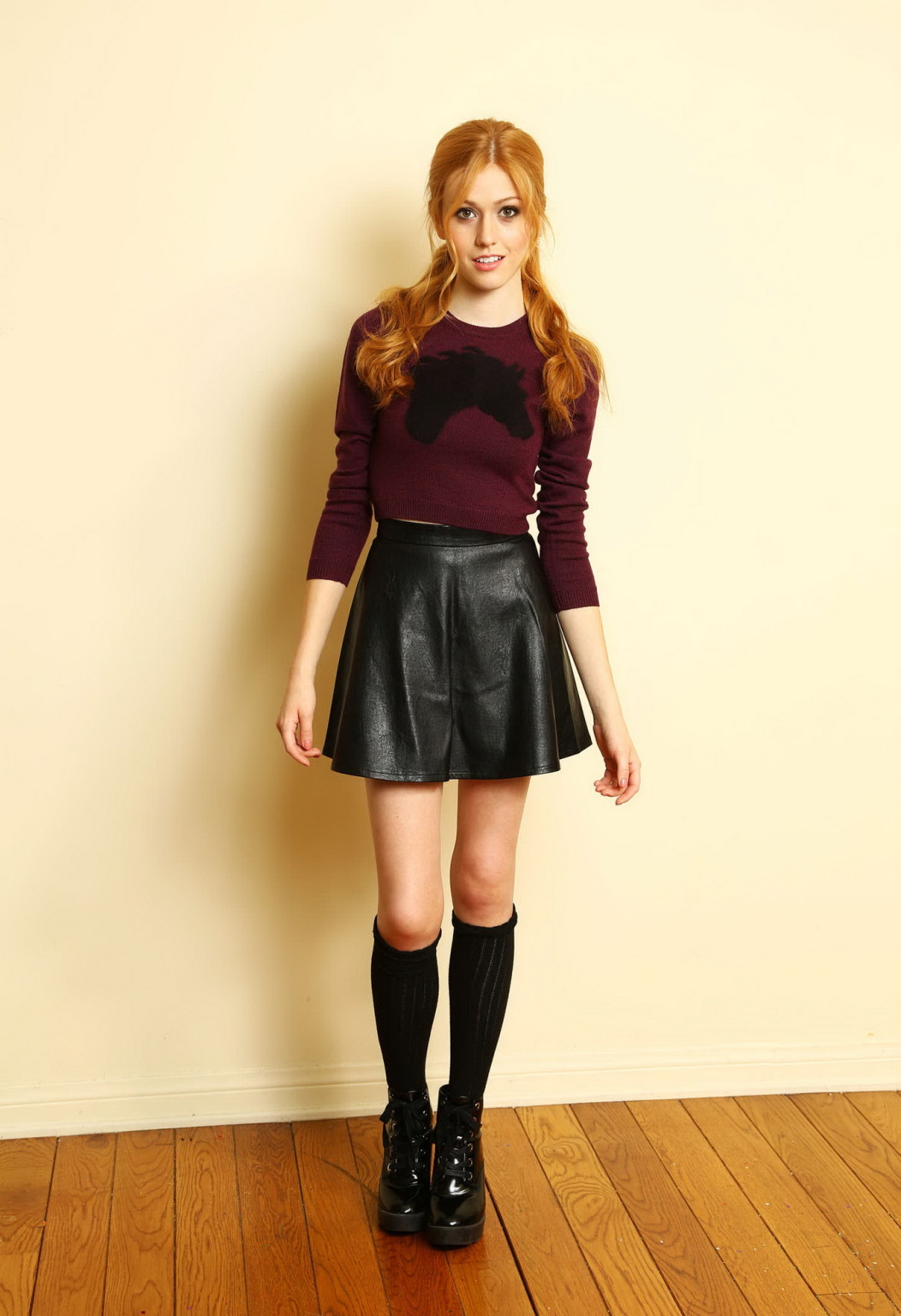 Katherine McNamara leggy wearing black leather mini skirt and blouse at Sara Jay #75184376
