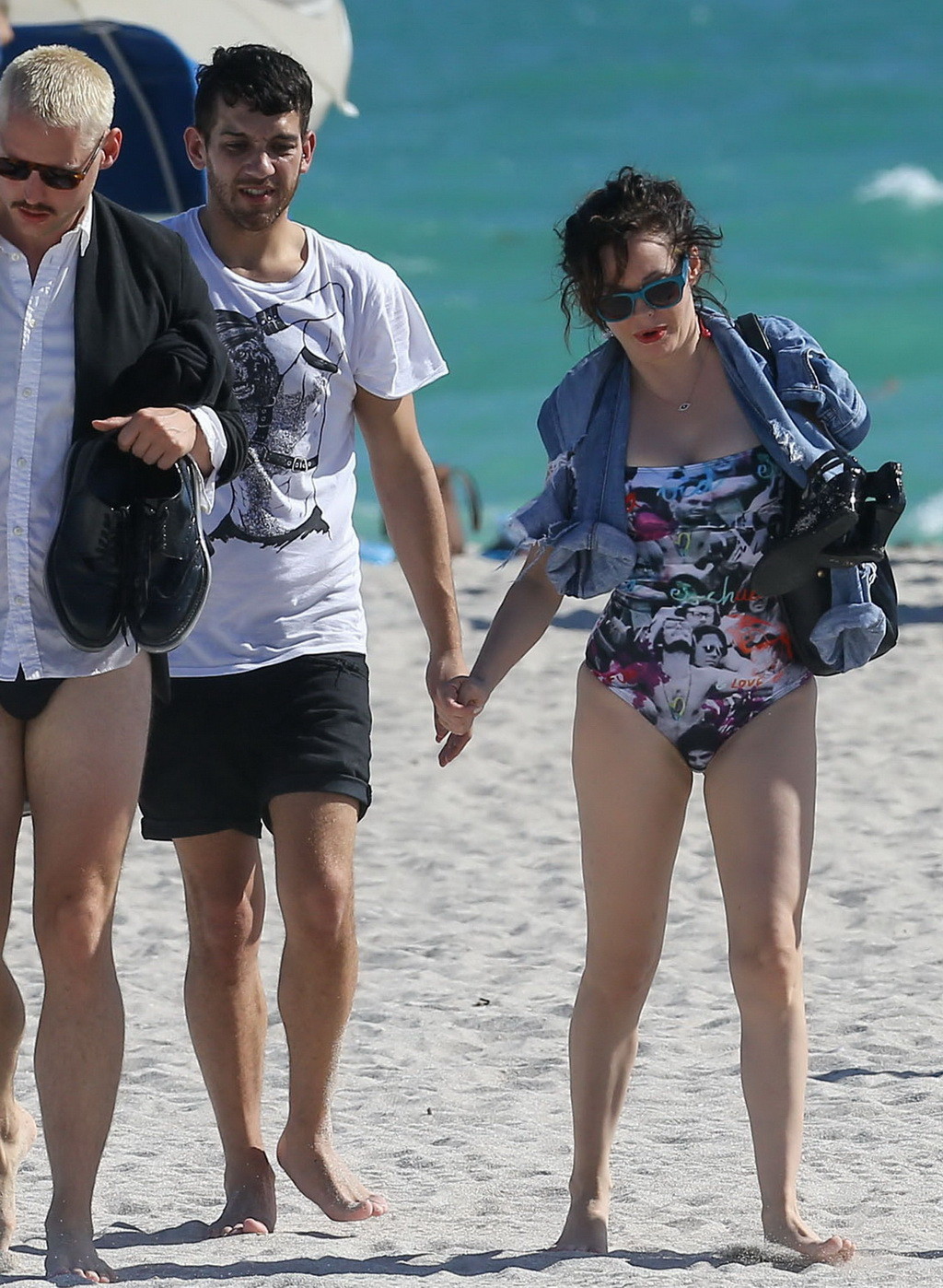 Rose McGowan exposing her curvy body in a colorful monokini at the beach in Miam #75210839