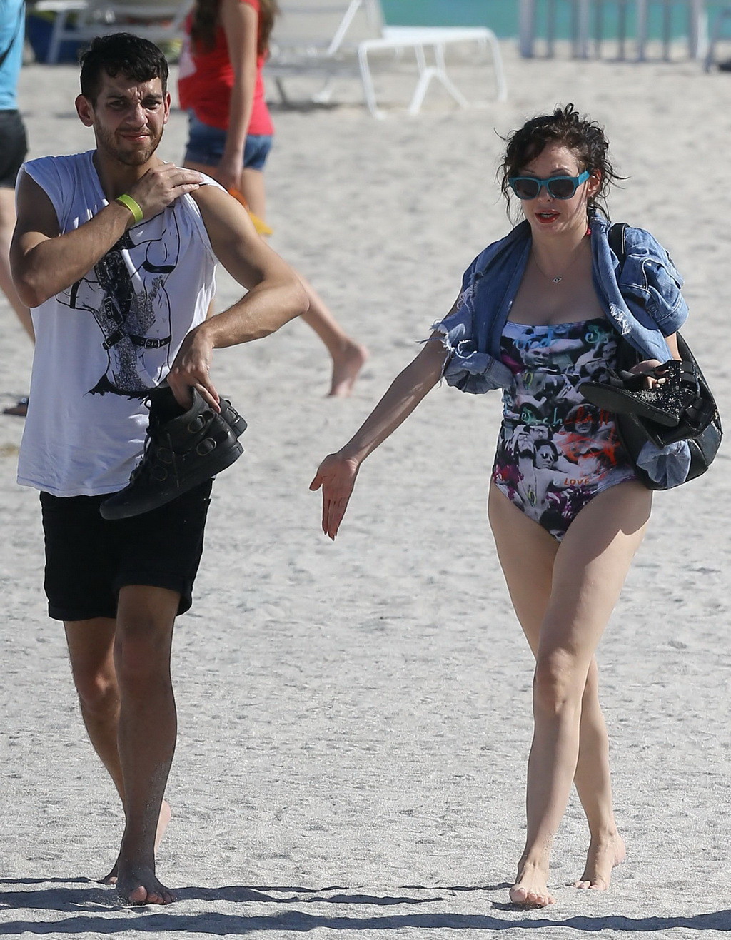 Rose McGowan exposing her curvy body in a colorful monokini at the beach in Miam #75210841