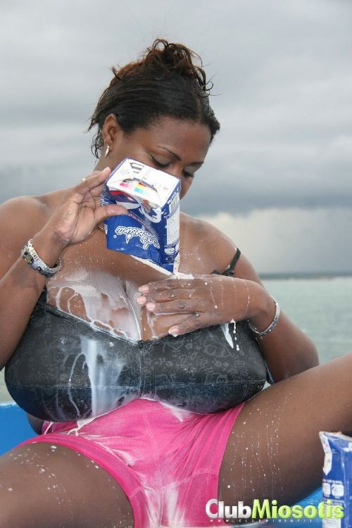 Ebony pornstar Miosotis getting her huge natural tits in milk #73096098