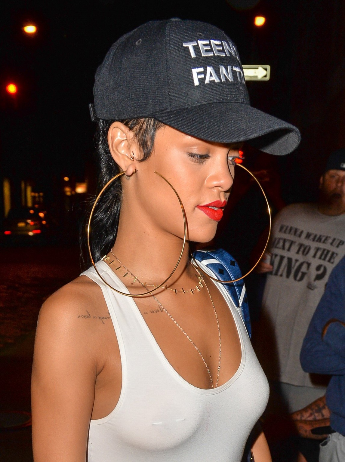 Rihanna braless wearing tight white see-through top and hotpants arriving at her #75219654