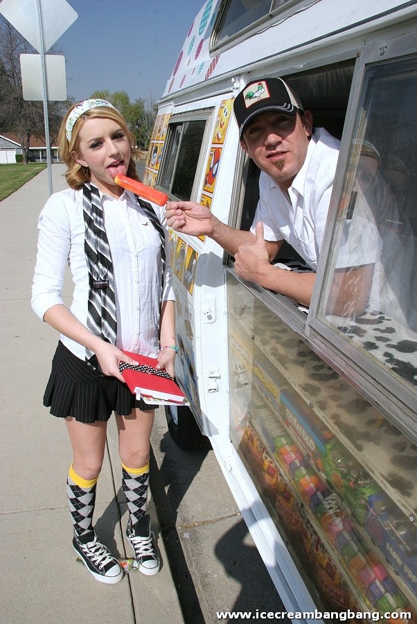 Blonde licks ice cream while guy checks out her fanny #78653257