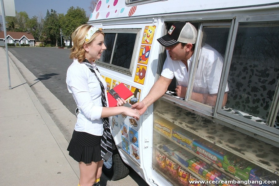 Blonde licks ice cream while guy checks out her fanny #78653271