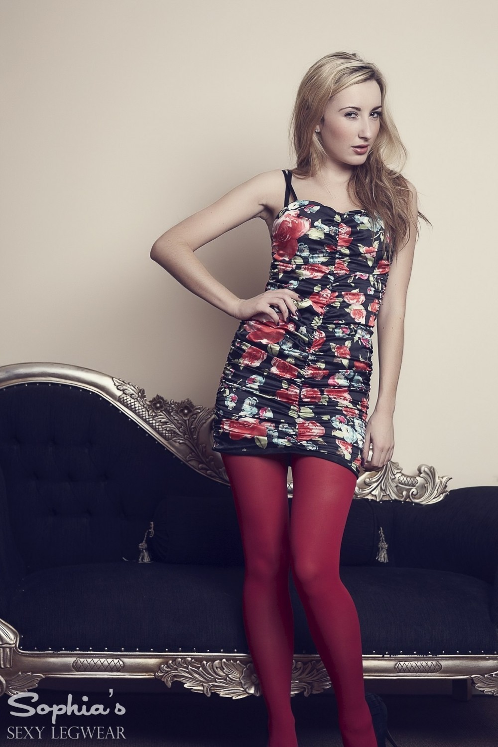 Sophia in her sexy floral satin dress with opaque tights #72339978