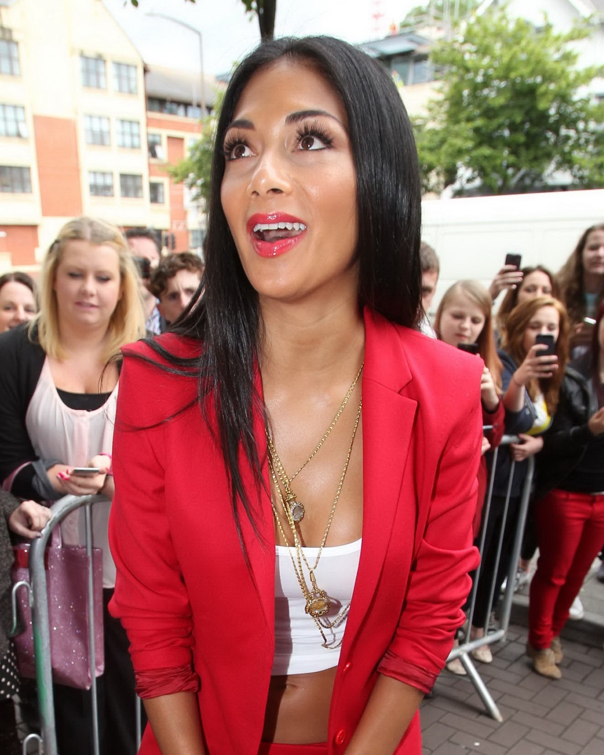 Nicole Scherzinger braless in a hot red suit and white belly top while arriving  #75226186