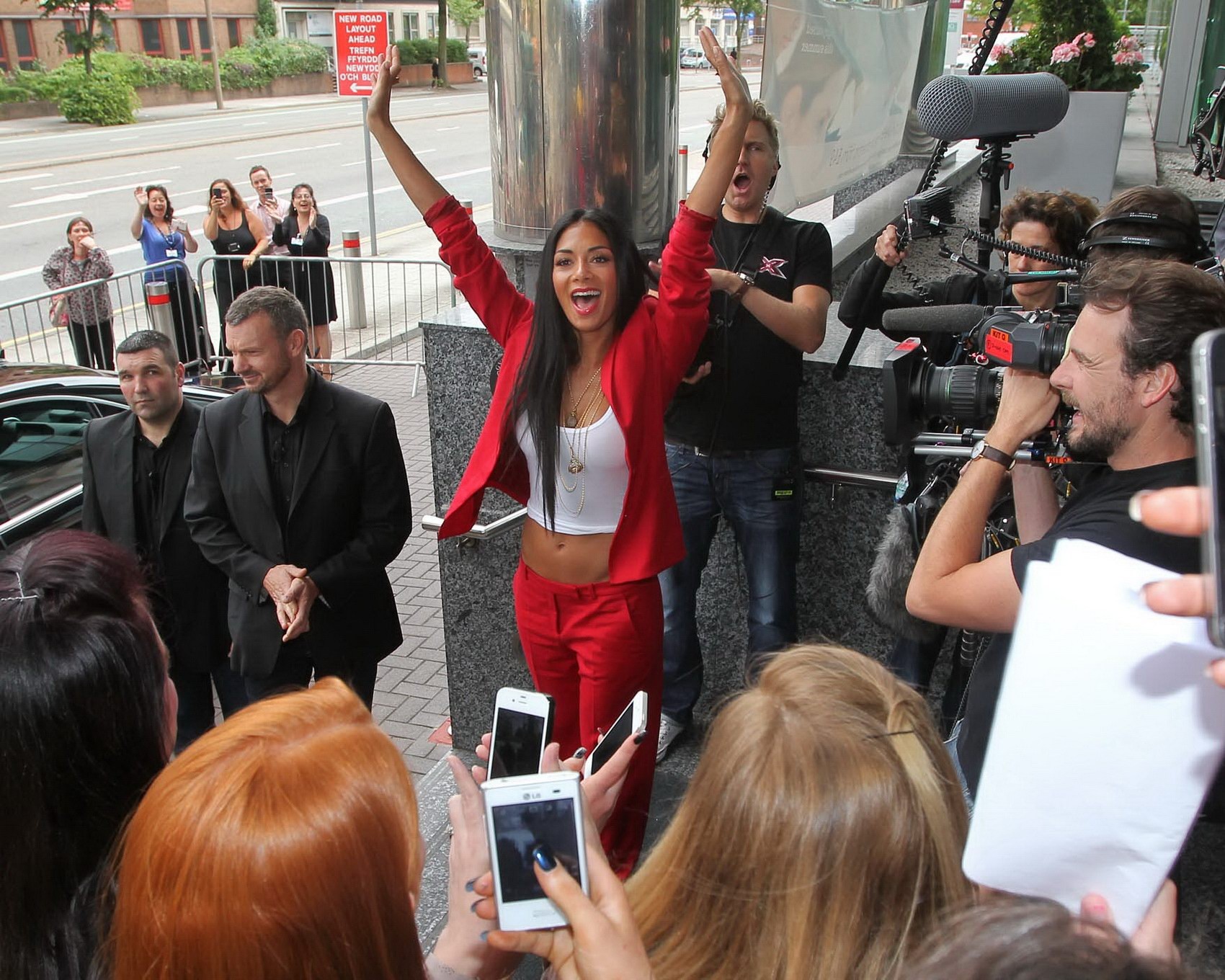 Nicole Scherzinger braless in a hot red suit and white belly top while arriving  #75226253