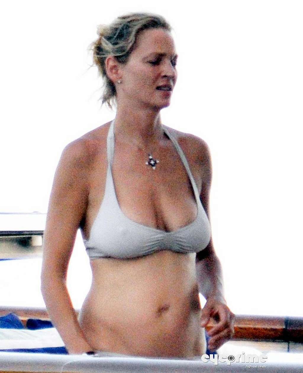 Uma Thurman in bikini on yacht paparazzi shoots and showing her big tits #75335408