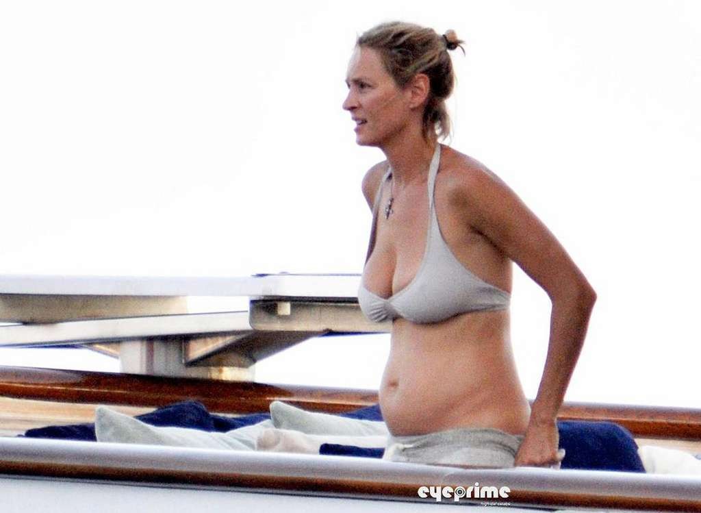 Uma Thurman in bikini on yacht paparazzi shoots and showing her big tits #75335422