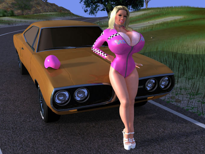 Large breasted 3D babe shows it all off on hood of a sport car