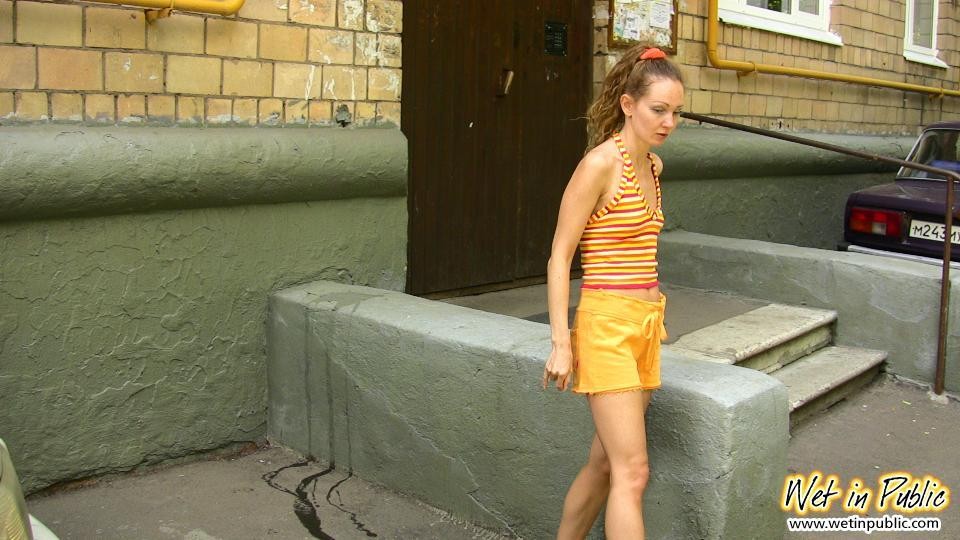 Street bitchie feels embarrassed as she has done a pee in her shorts #73245517