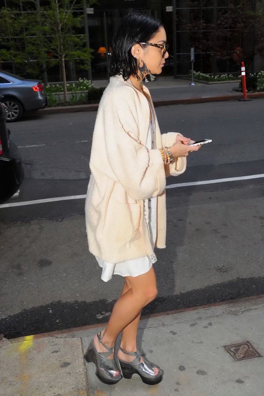 Vanessa Hudgens braless showing big cleavage in white mini dress out in NYC #75165428