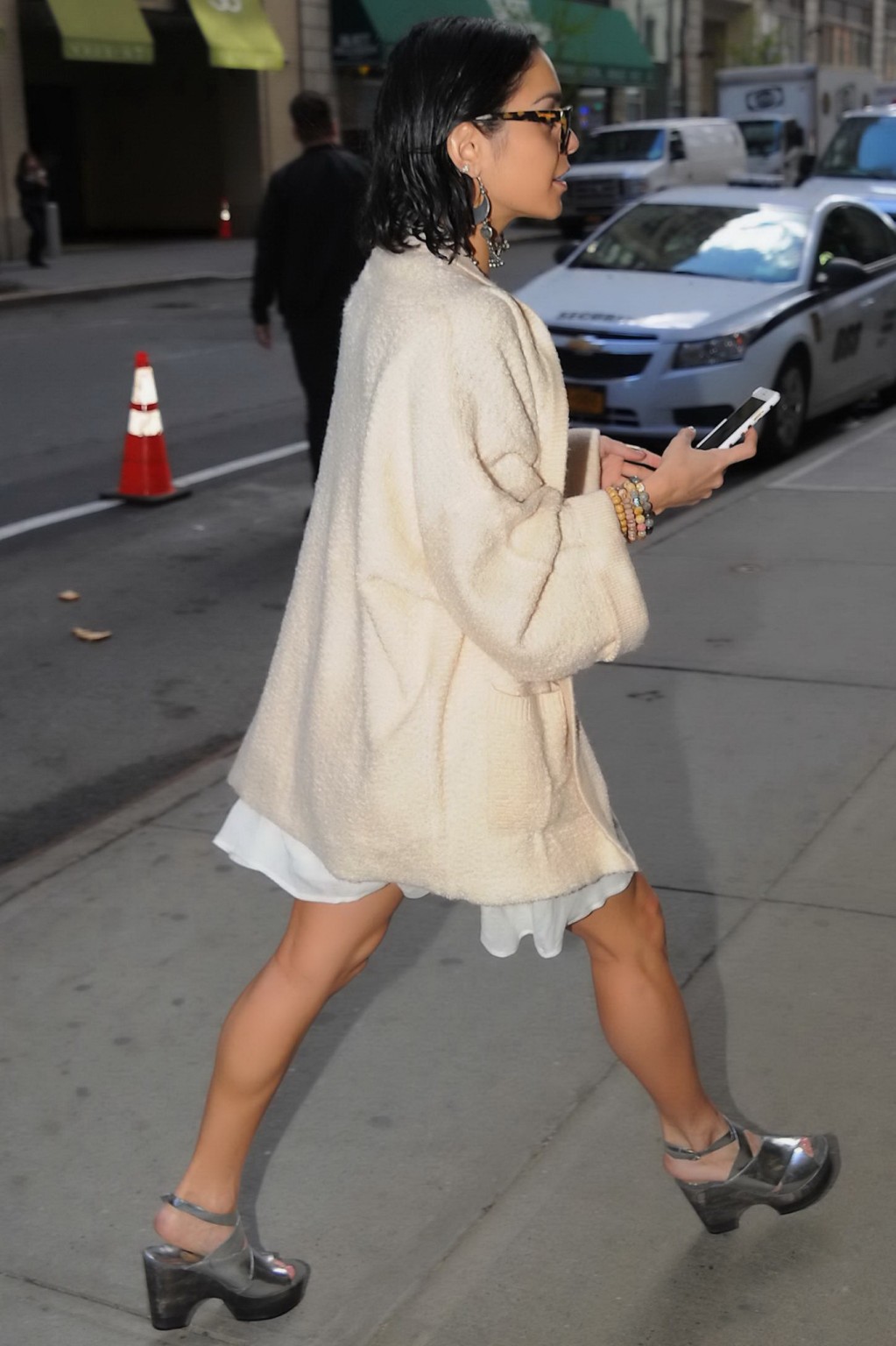 Vanessa Hudgens braless showing big cleavage in white mini dress out in NYC #75165434
