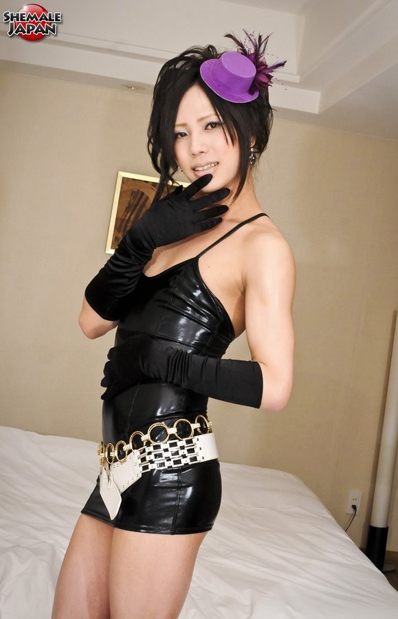 Rock Hard Asian Ladyboy Lifts Up Her Tight Leather Dress #77895435