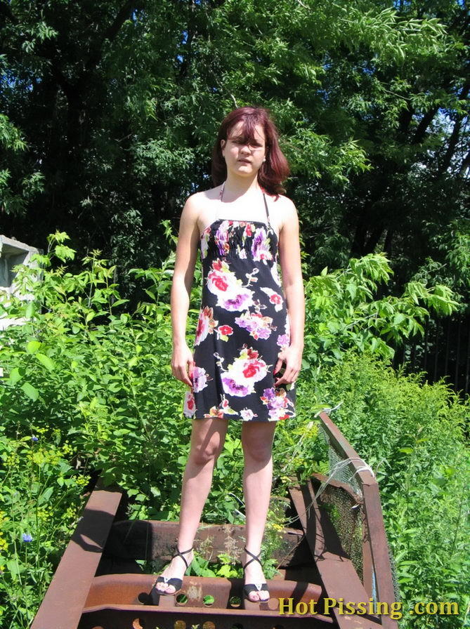 セクシーな黒いドレスを着た可愛い女の子が、茂みの中でしゃがんでおしっこをする
 #76567146