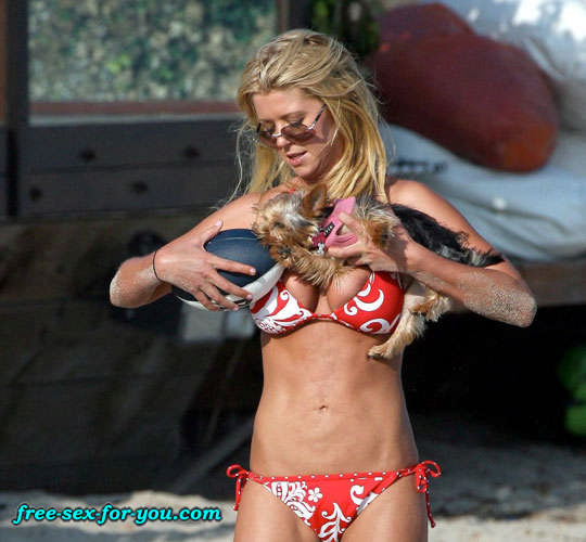 Tara Reid tits slip and bikini posing on beach #75431584