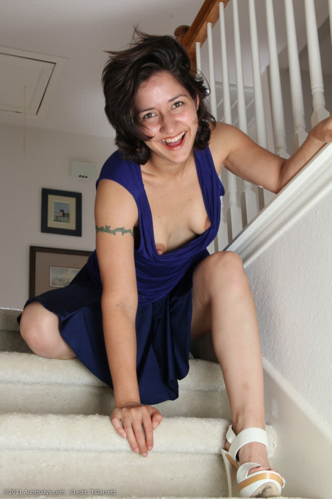 Cute upskirts flashing MILF losing her panties on the stairs #77570260