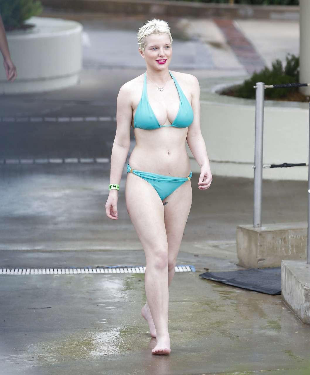 Helen Flanagan hint of nipple slip in blue bikini on beach paparazzi pictures #75294804