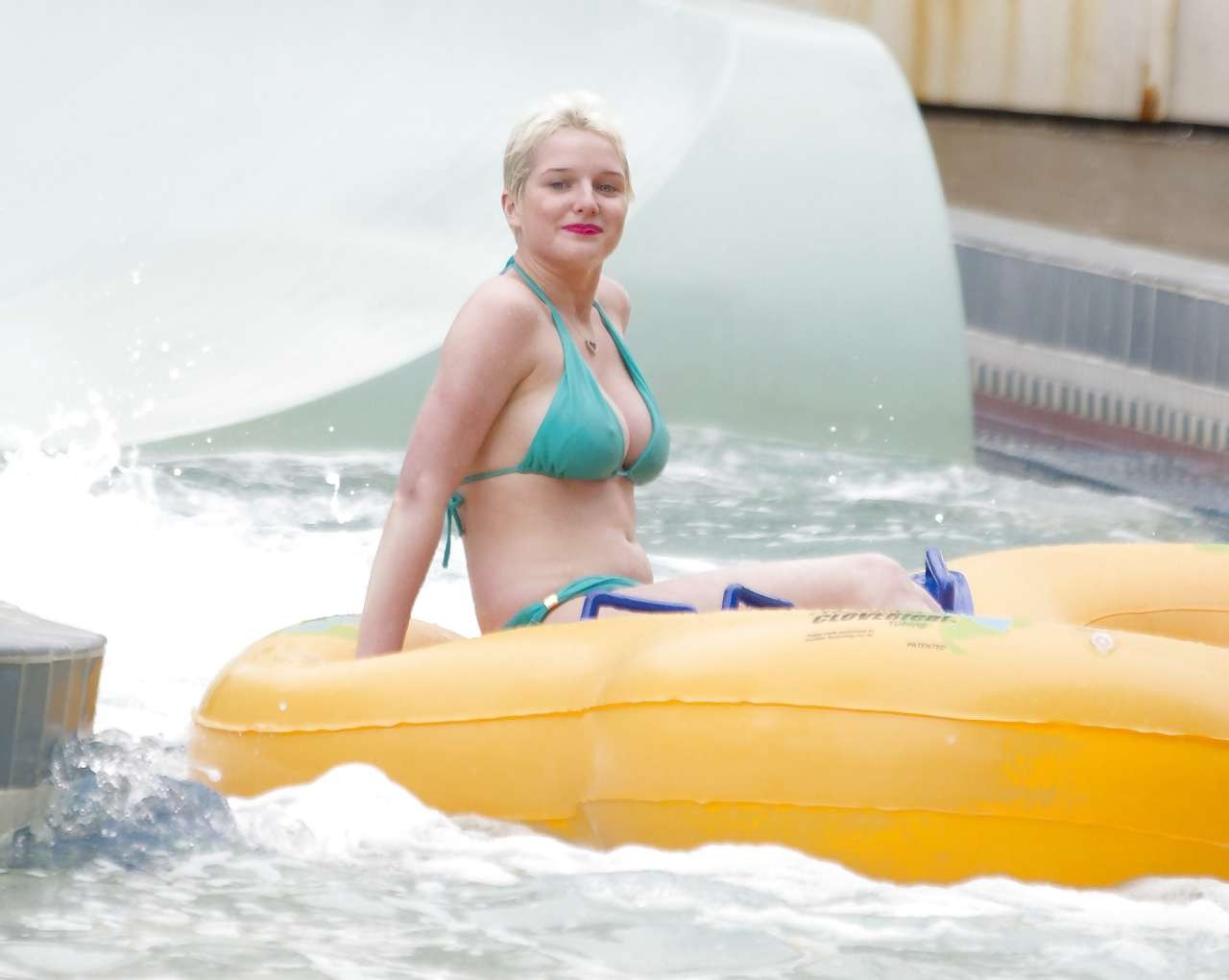 Helen Flanagan hint of nipple slip in blue bikini on beach paparazzi pictures #75294857