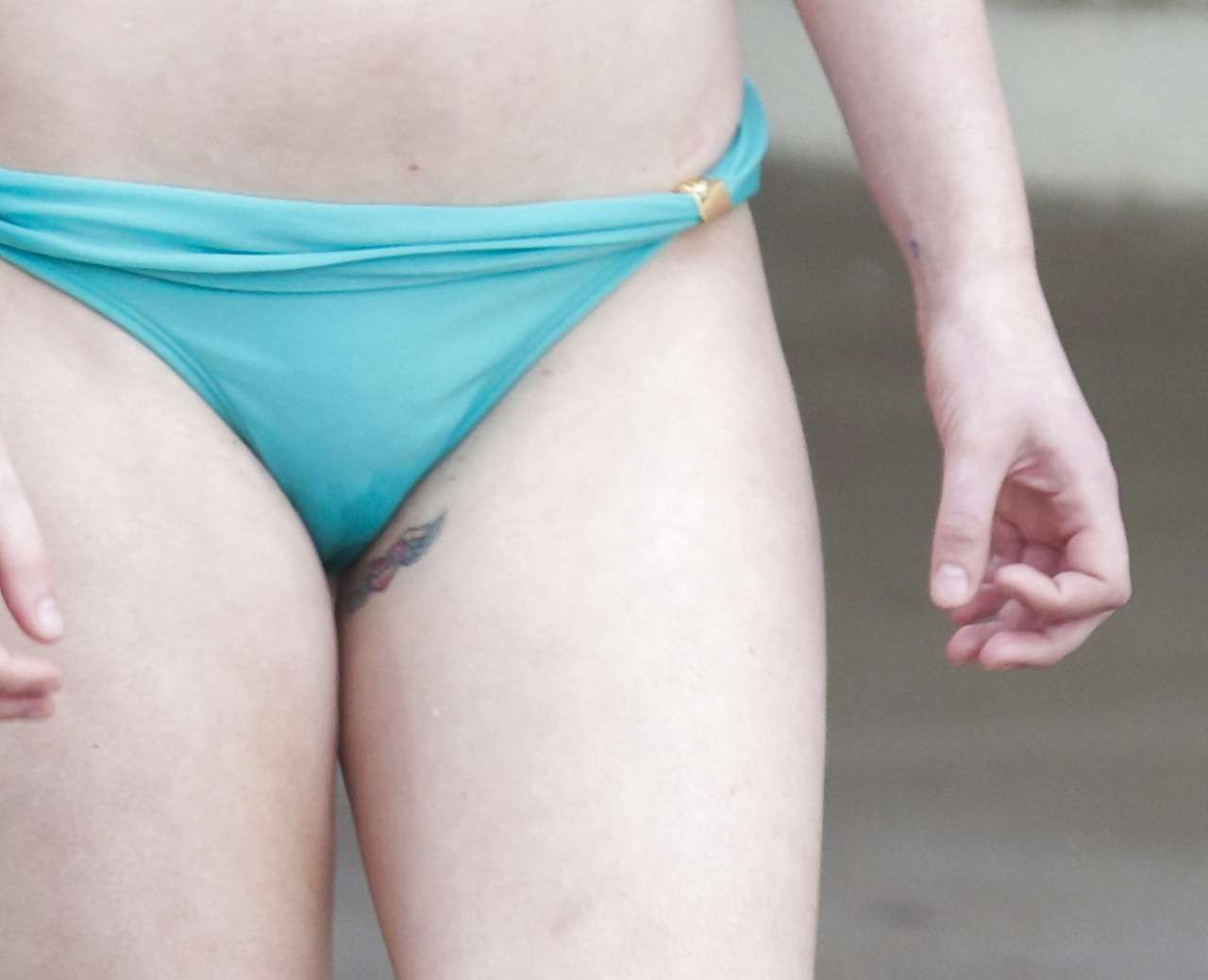Helen Flanagan hint of nipple slip in blue bikini on beach paparazzi pictures #75294874