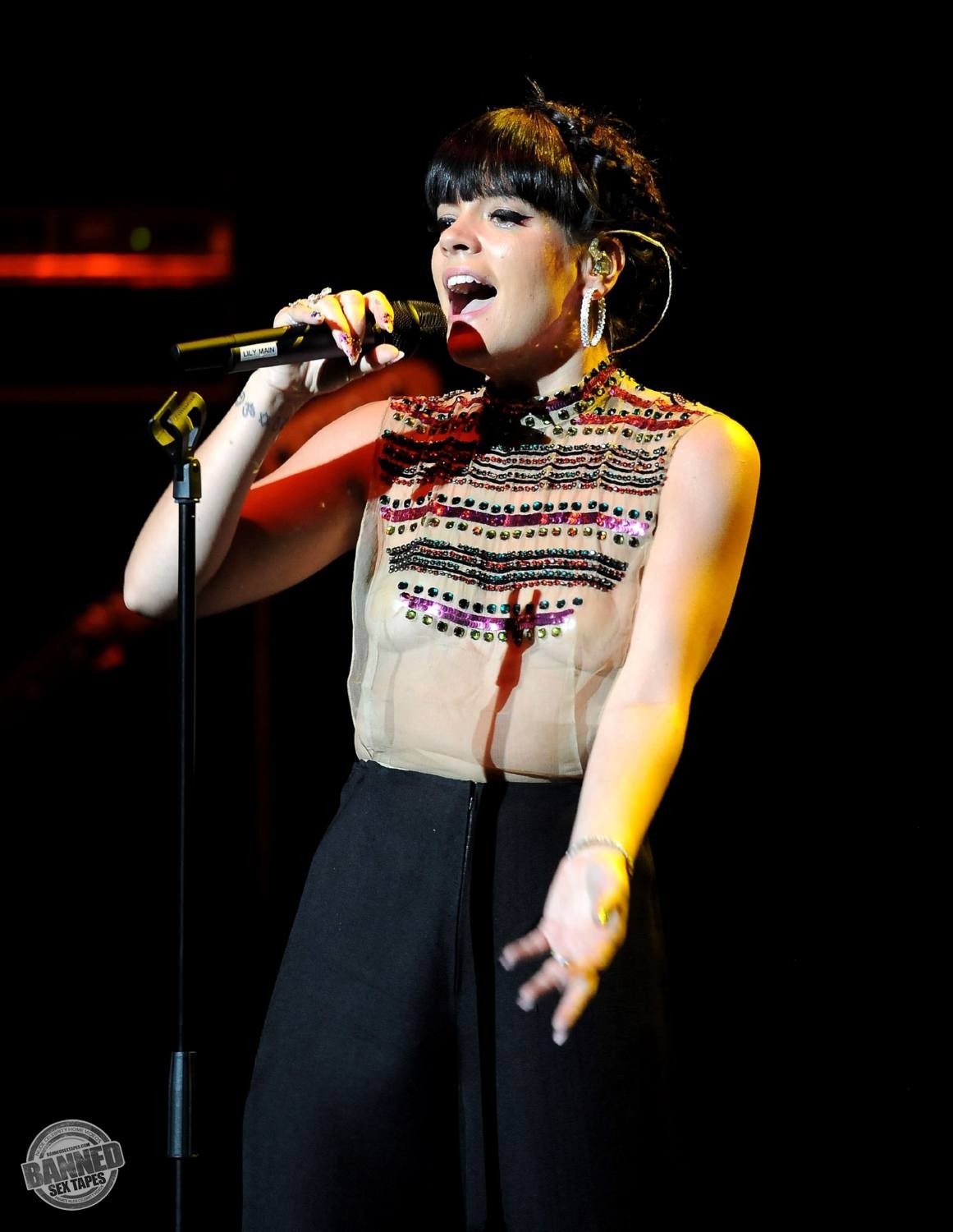 Lily allen montre ses seins nus à travers un haut transparent pendant un concert
 #75191553