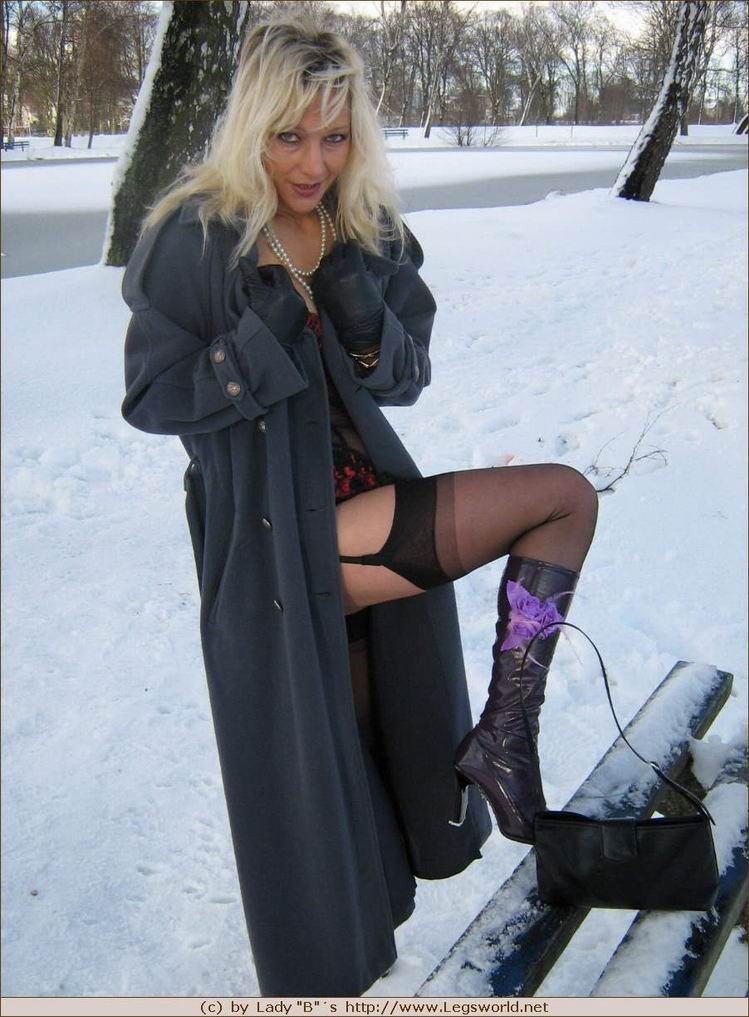 Blonde german milf in stocking posing outdoors #78030114