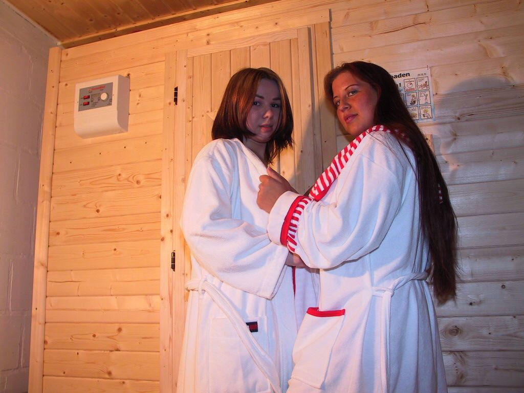 Two lesbian fatties drink in sauna #75512511
