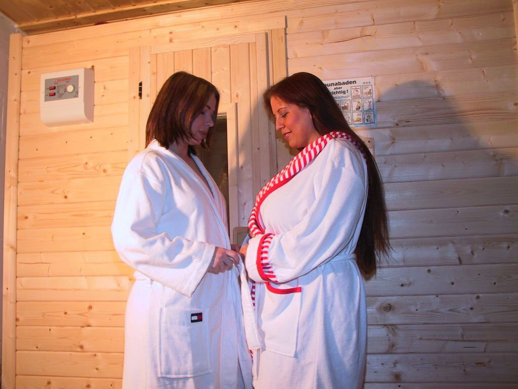 Two lesbian fatties drink in sauna #75512519