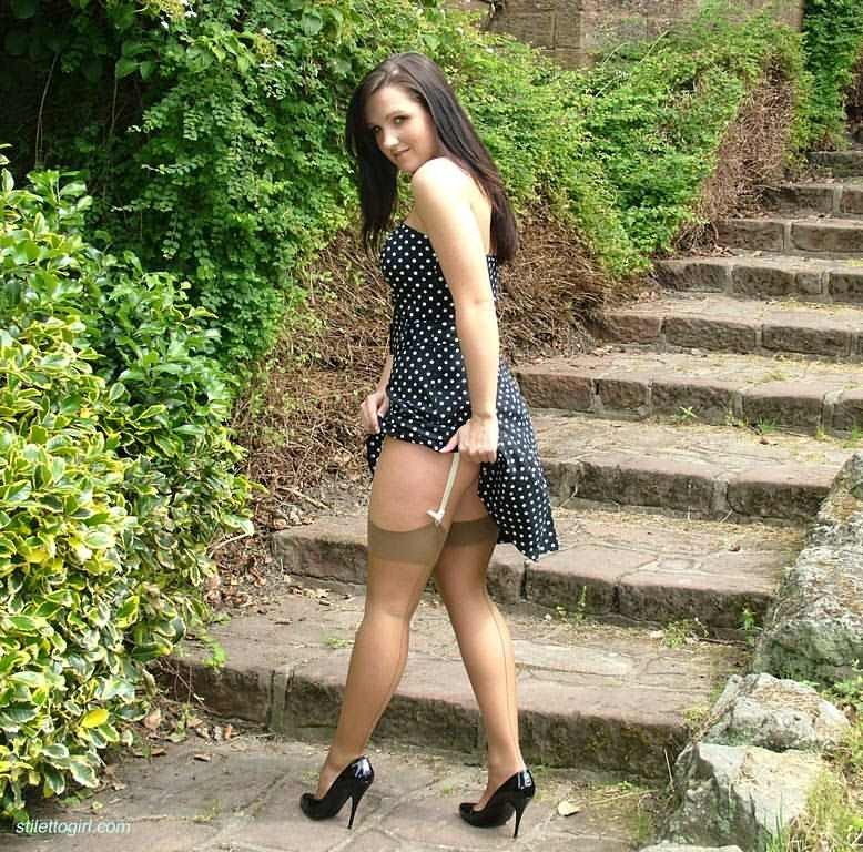 Stiletto stocking girl posing outdoors #72666722