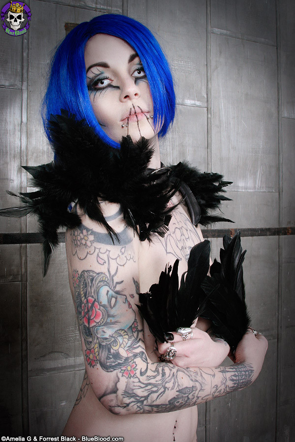 Une superbe poupée gothique tatouée, Kasey Kasket, danse de la plume noire.
 #76405041