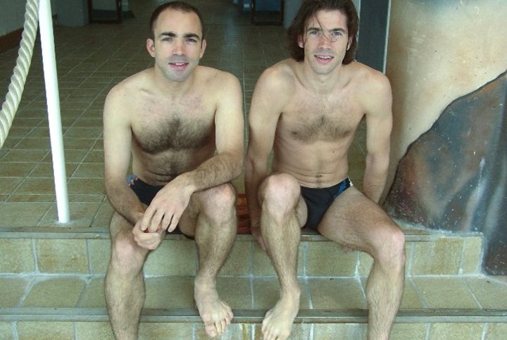 Two hairy chested foot lovers enjoy having fun in a piscina pool #76913711