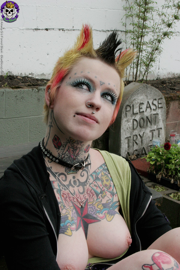 Hot tattooed punk babe by gravestone #76518431