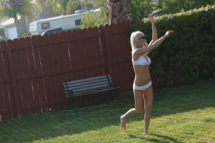 blonde teen in white panties and bra posing outdoor #73977779