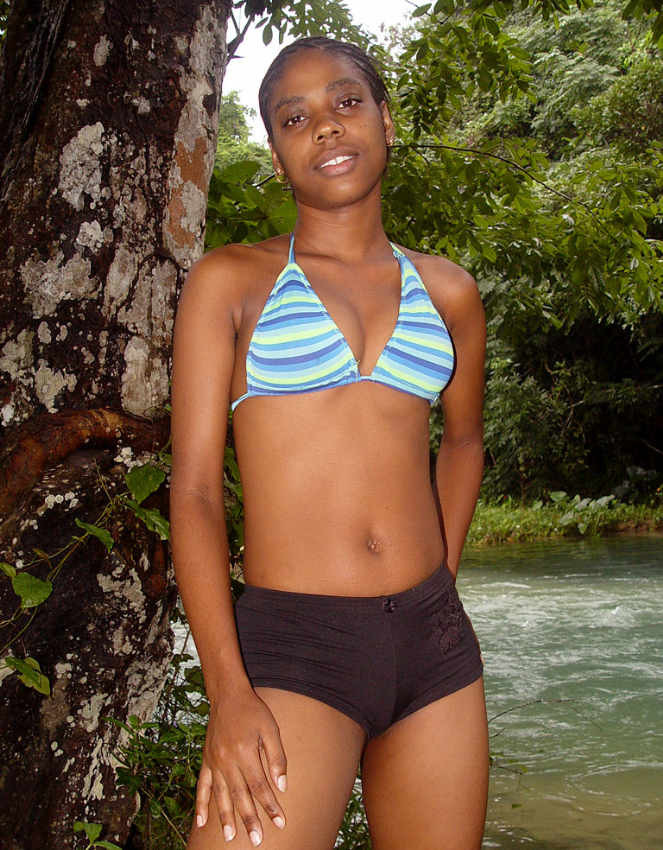 Lovely ebony teen in bikini outdoor #73426539