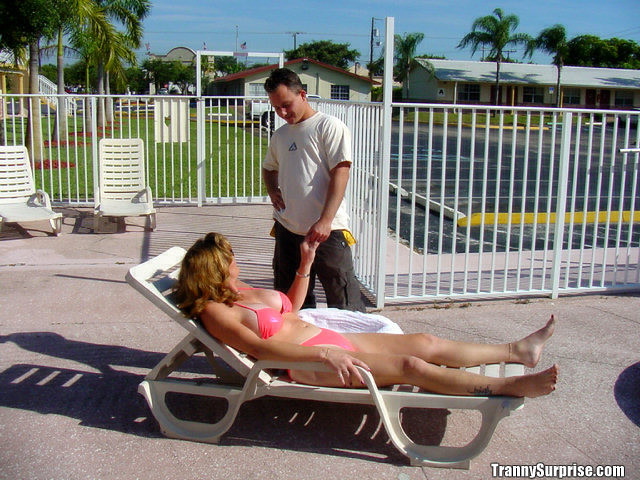 Older tranny picked up by the pool in bikini gets some cock #79126056