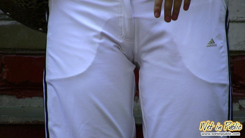 Urine-soaked white breeches and nude bold pussy of a public piss-ant #78594467