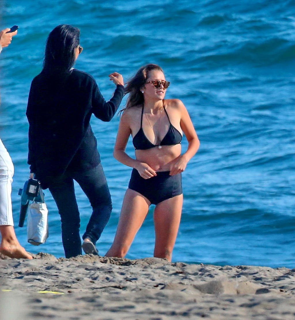 Busty Teresa Palmer wearing a black granny bikini on a photoshoot in Malibu #75189184