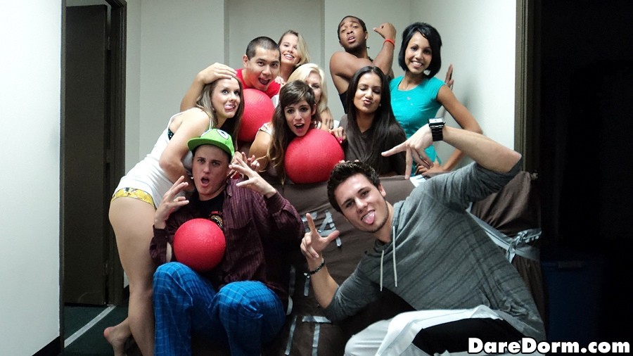 Pretty college babes get nailed hard after a game of dodge ball in the dorm hall #76778073