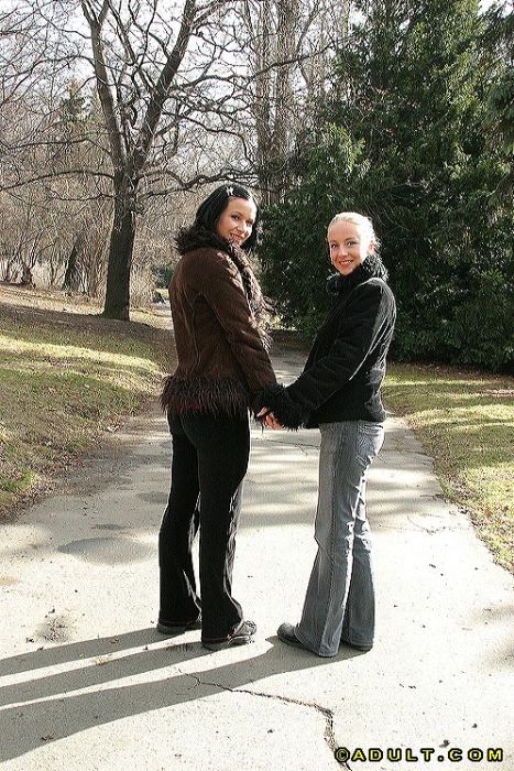 Cute lesbian babes going for a walk in the park #74033647