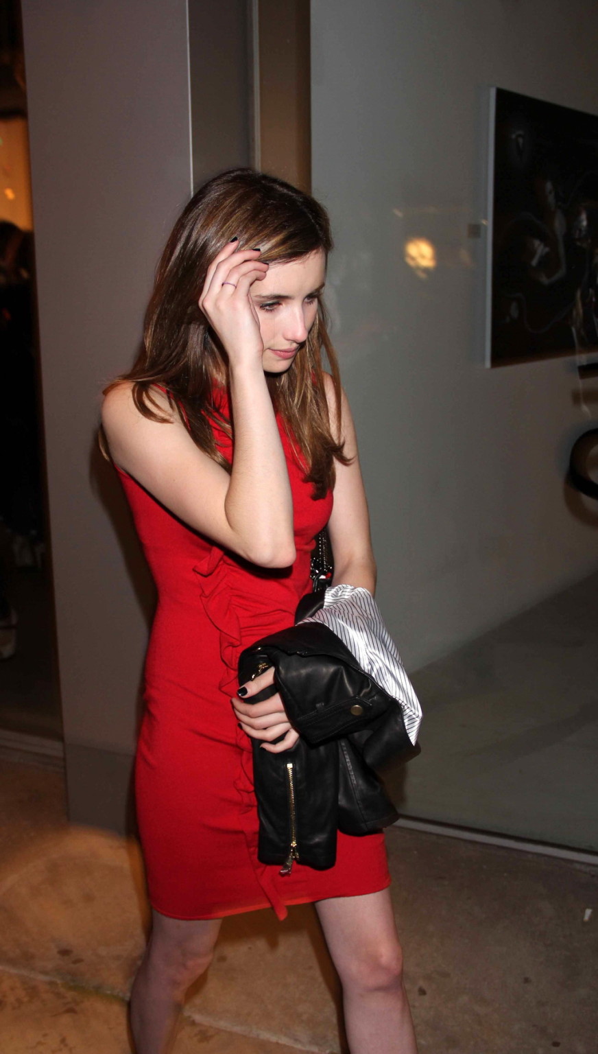 Emma Roberts wearing short red dress hot and drunk all night out in Los Angeles #75233344