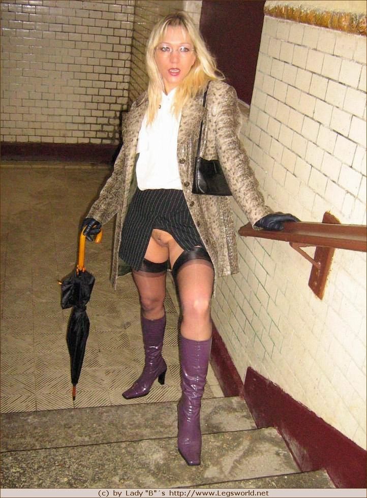 Blonde amateur in stockings posing in public #78512446