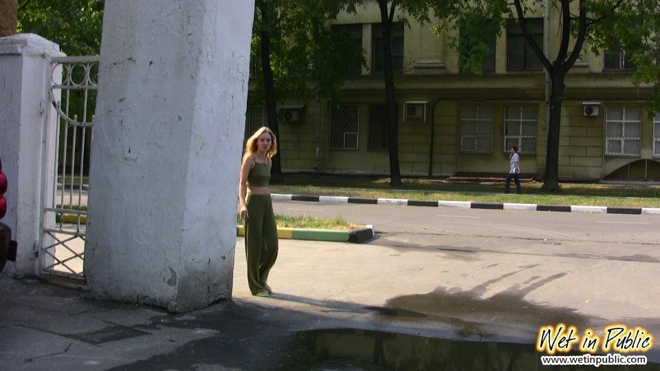 Blonde slim slut in green does a lil job right in the pants in public #73241103