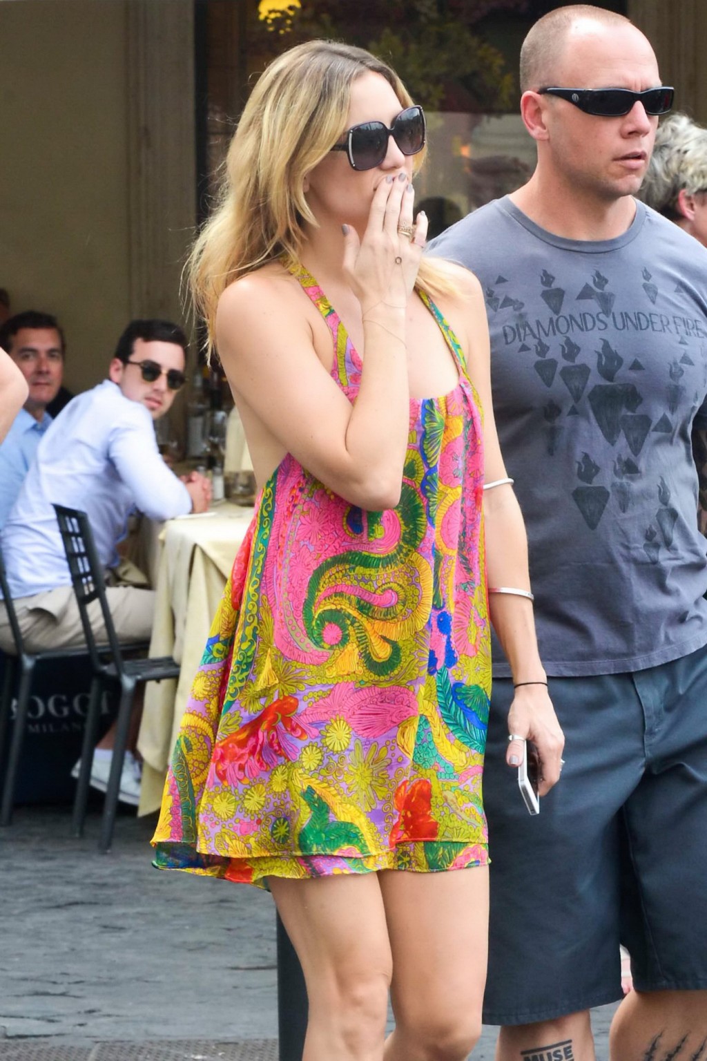 Kate Hudson braless wearing colorful bare back mini dress out in Rome #75225269