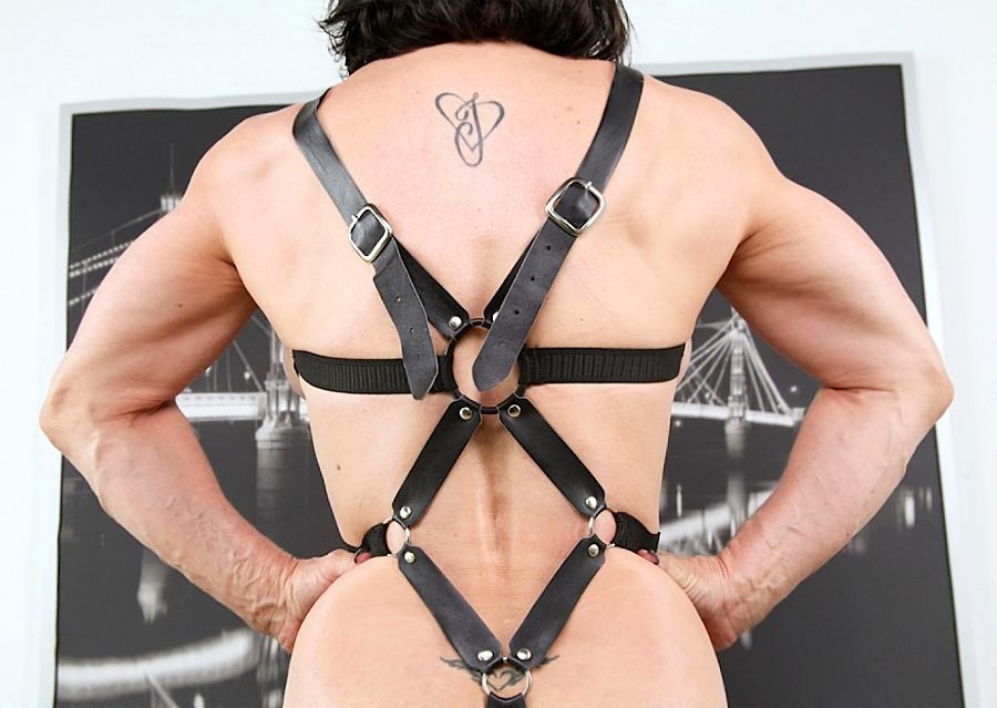 Mature muscle Mistress Jillian Fox posing in leather bondage #74732771