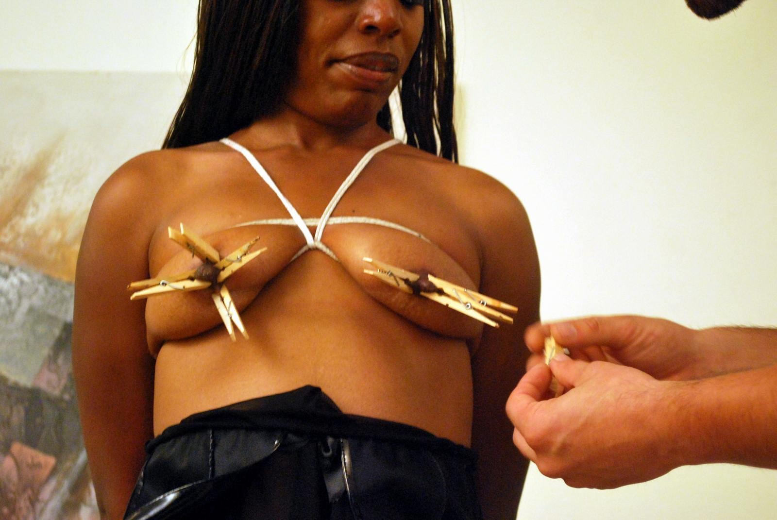 Black bdsm debutant slavegirl Shantes breast bondage and pegged nipple torments #72157644