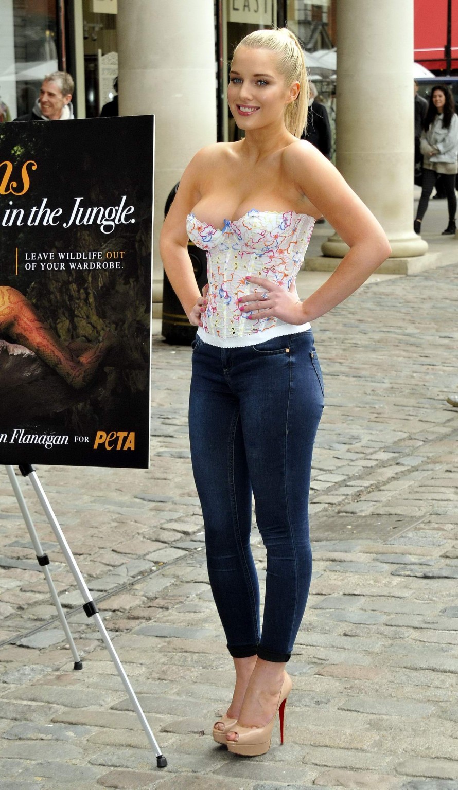 Busty Helen Flanagan in corset revealing her body paint PETA ad in Covent Garden #75223380