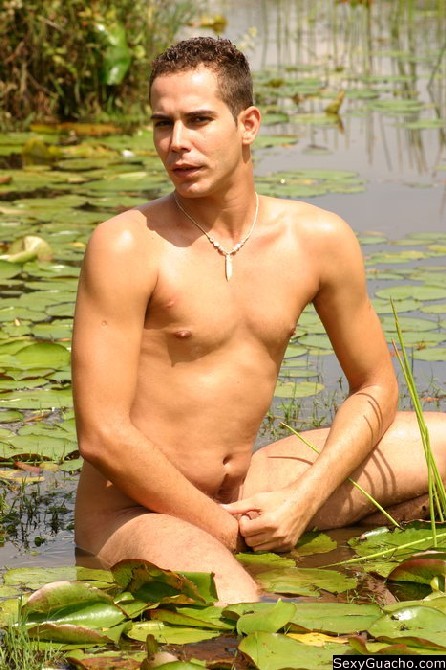 Very naked gay man swimming in a pond while he has a big fat erection #76897927