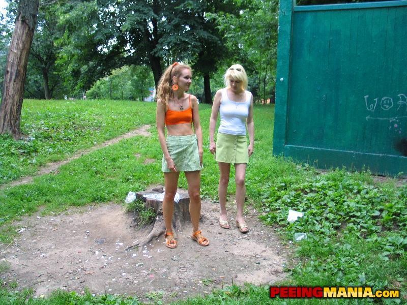 Raised green mini skirts of two bimbos who want to do a leak outdoors #76520263