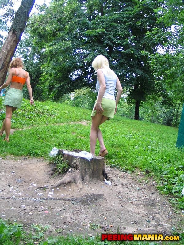Mini faldas verdes levantadas de dos bimbos que quieren hacer una meada al aire libre
 #76520271