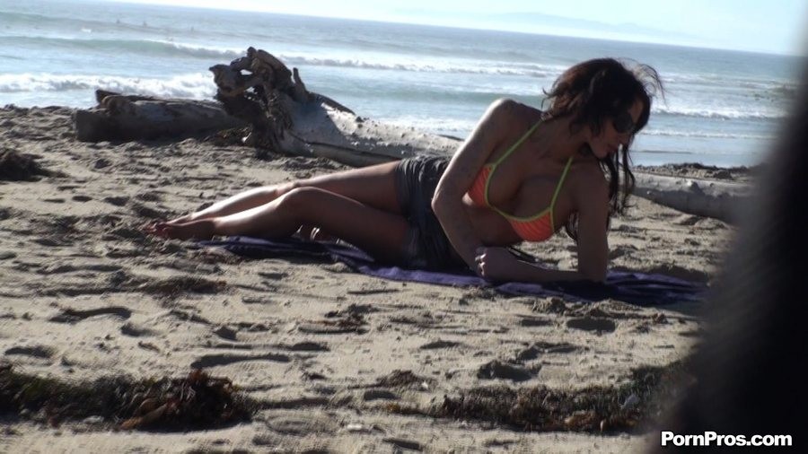 Busty beach beauty gets her bikini top stolen #73156568